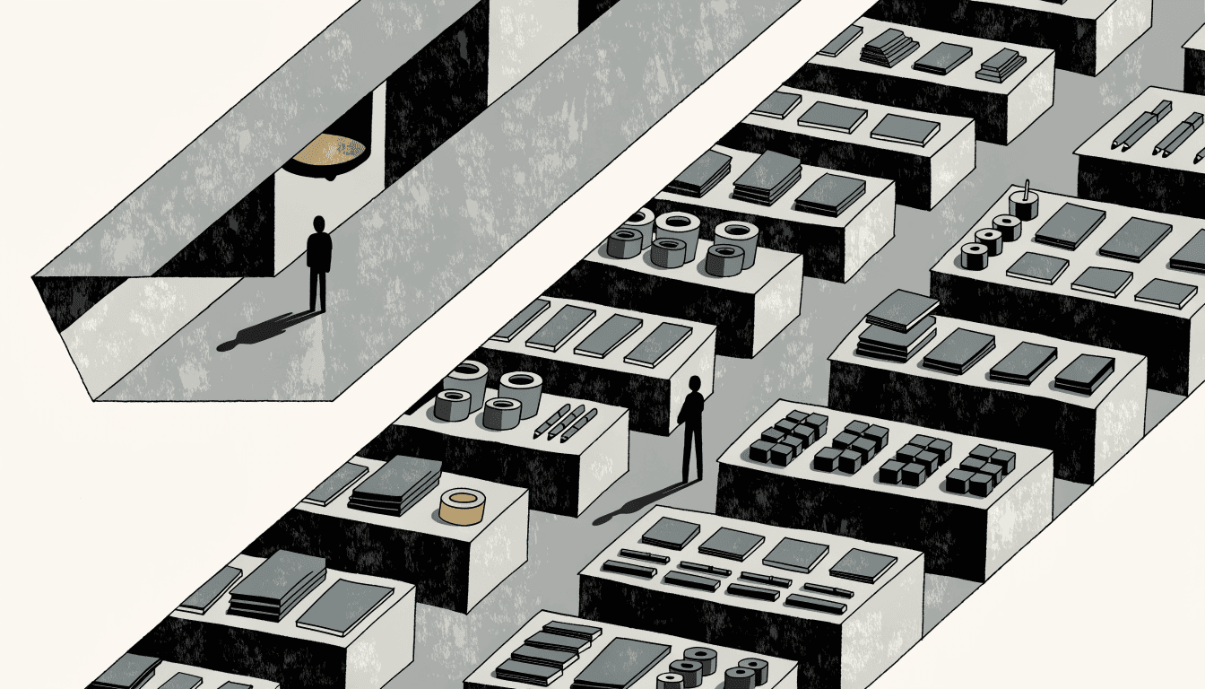 Editorial illustration of a basement event hall seen from above, with rows of stalls piled with notebooks, pens and washi tape and a few silhouetted shoppers browsing.