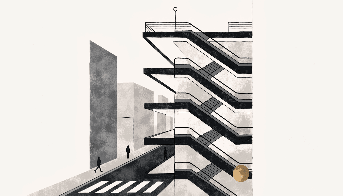 Illustration of a multi-storey fashion building atrium at a city crossing