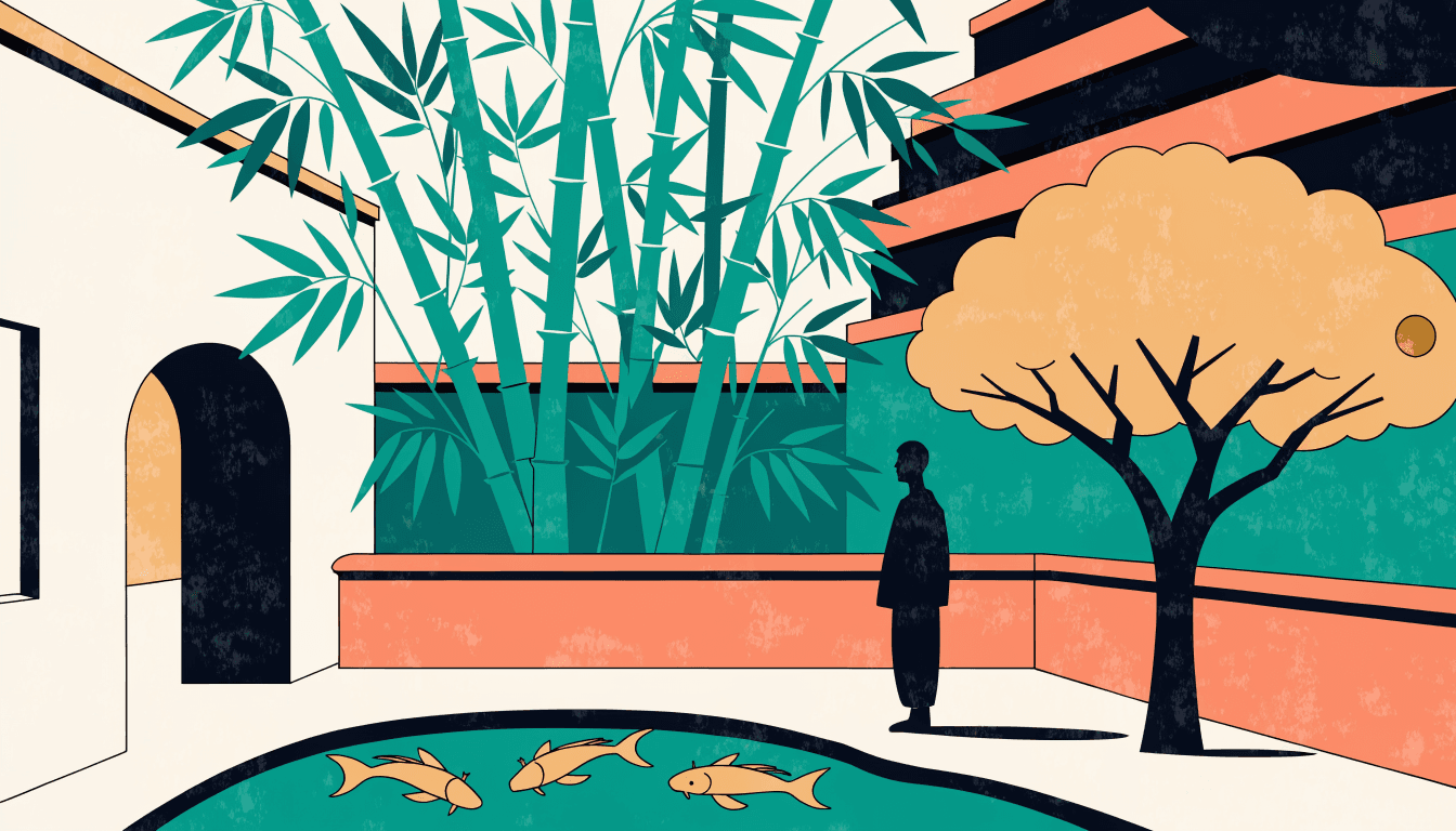 Editorial illustration of a bamboo-and-koi-pond garden built inside an urban gallery space, one silhouette figure for scale.