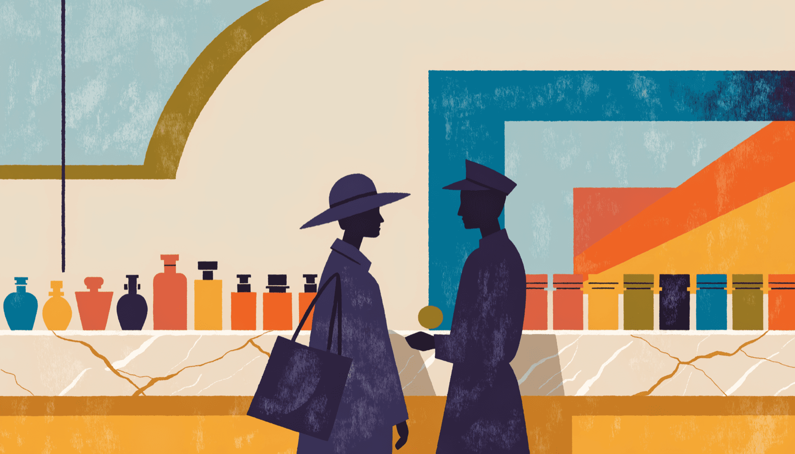 A stylised still-life illustration of luxury perfume bottles and cosmetics on a polished plinth, with a single gold accent.