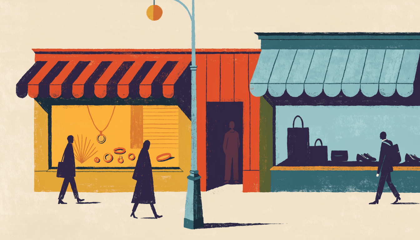 Editorial illustration of a luxury boutique street at dusk, a jewellery-house window glowing warmly beside a quieter leather-goods flagship.