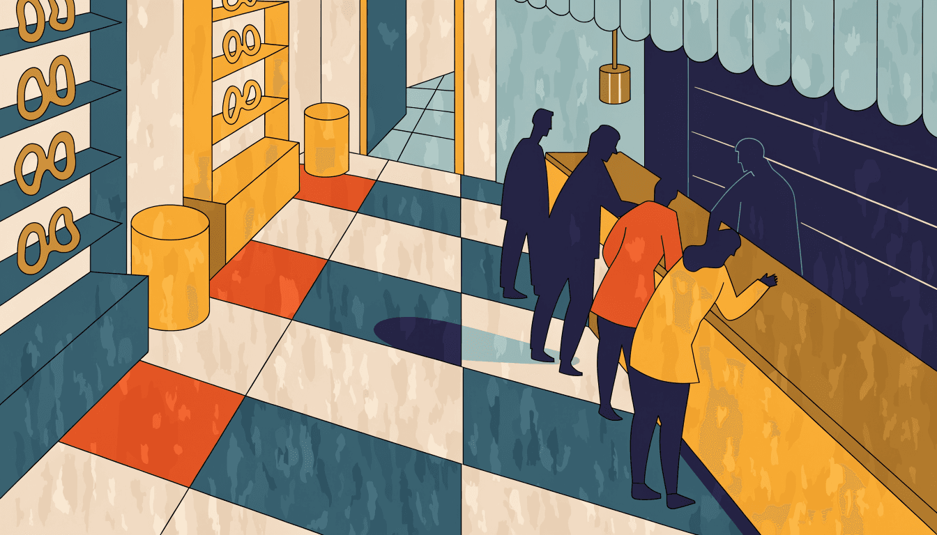 Illustration contrasting a quiet luxury boutique storefront with a bustling jewellery counter
