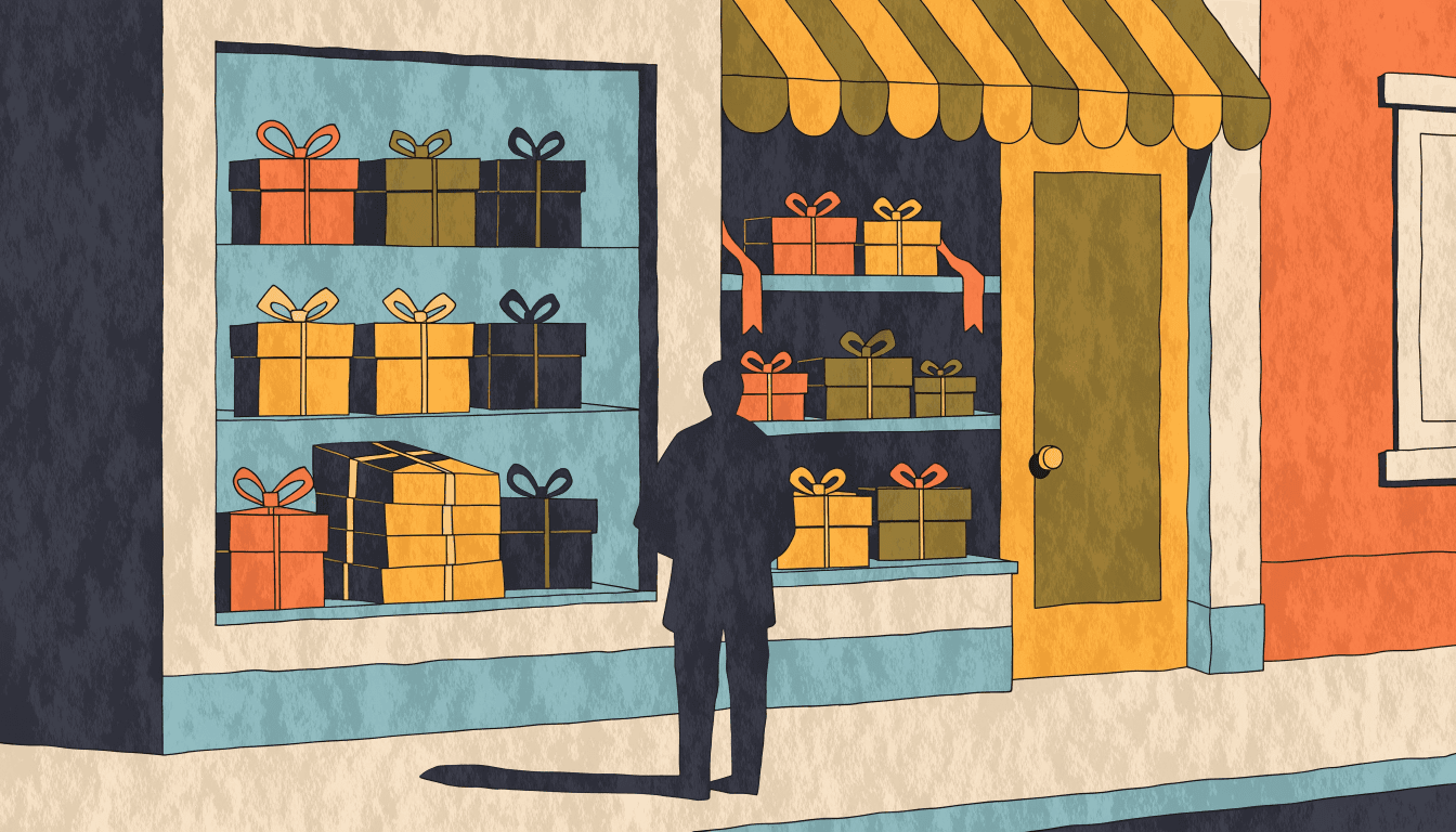 A warm editorial illustration of a gift-shop pop-up storefront with tiered window shelves of wrapped presents in ribbon, and a silhouetted shopper browsing from the street.