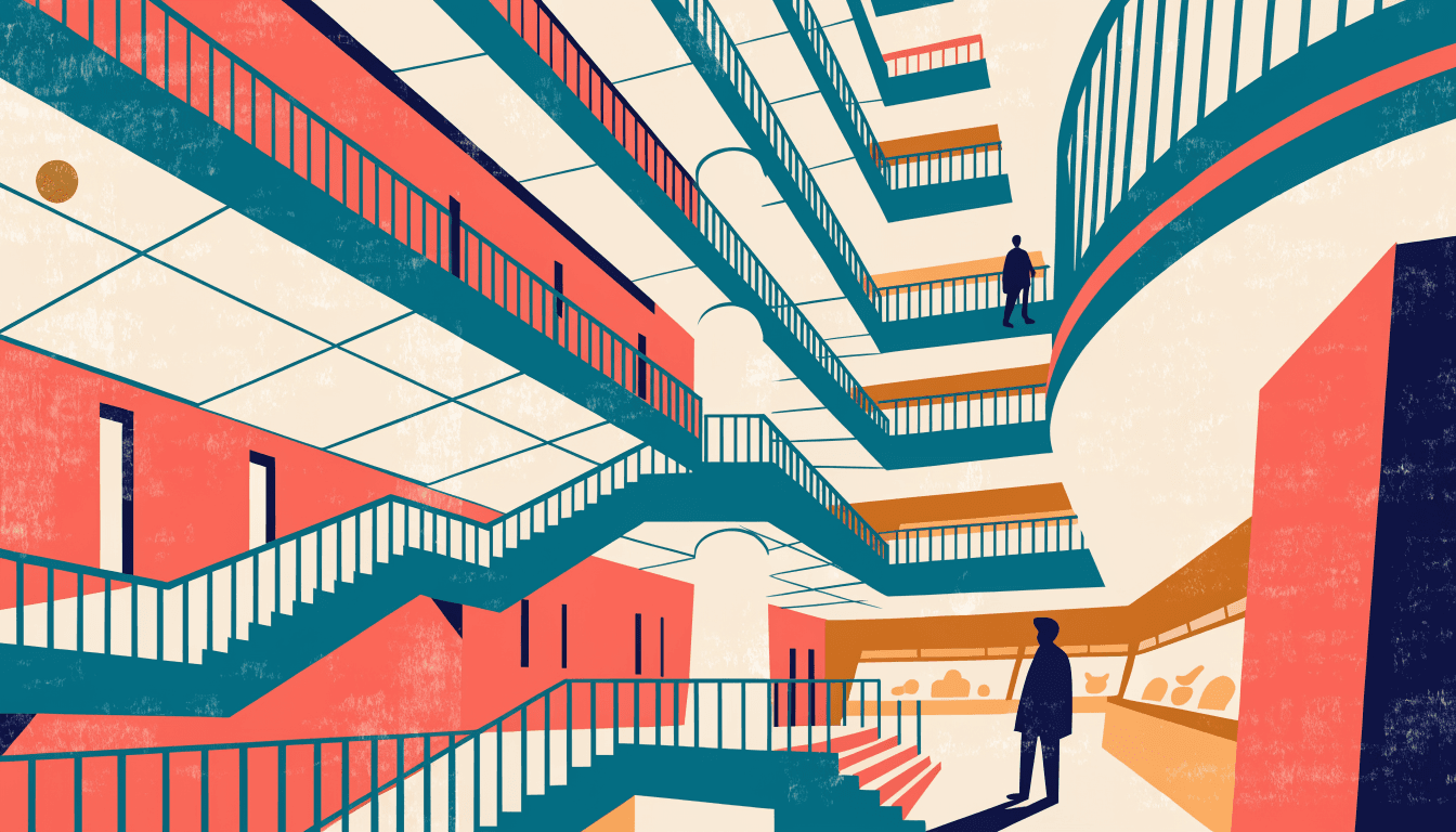 Illustration of a grand multi-storey department-store atrium inside a very tall building, with sweeping staircases and a single silhouette figure looking out from an upper floor.