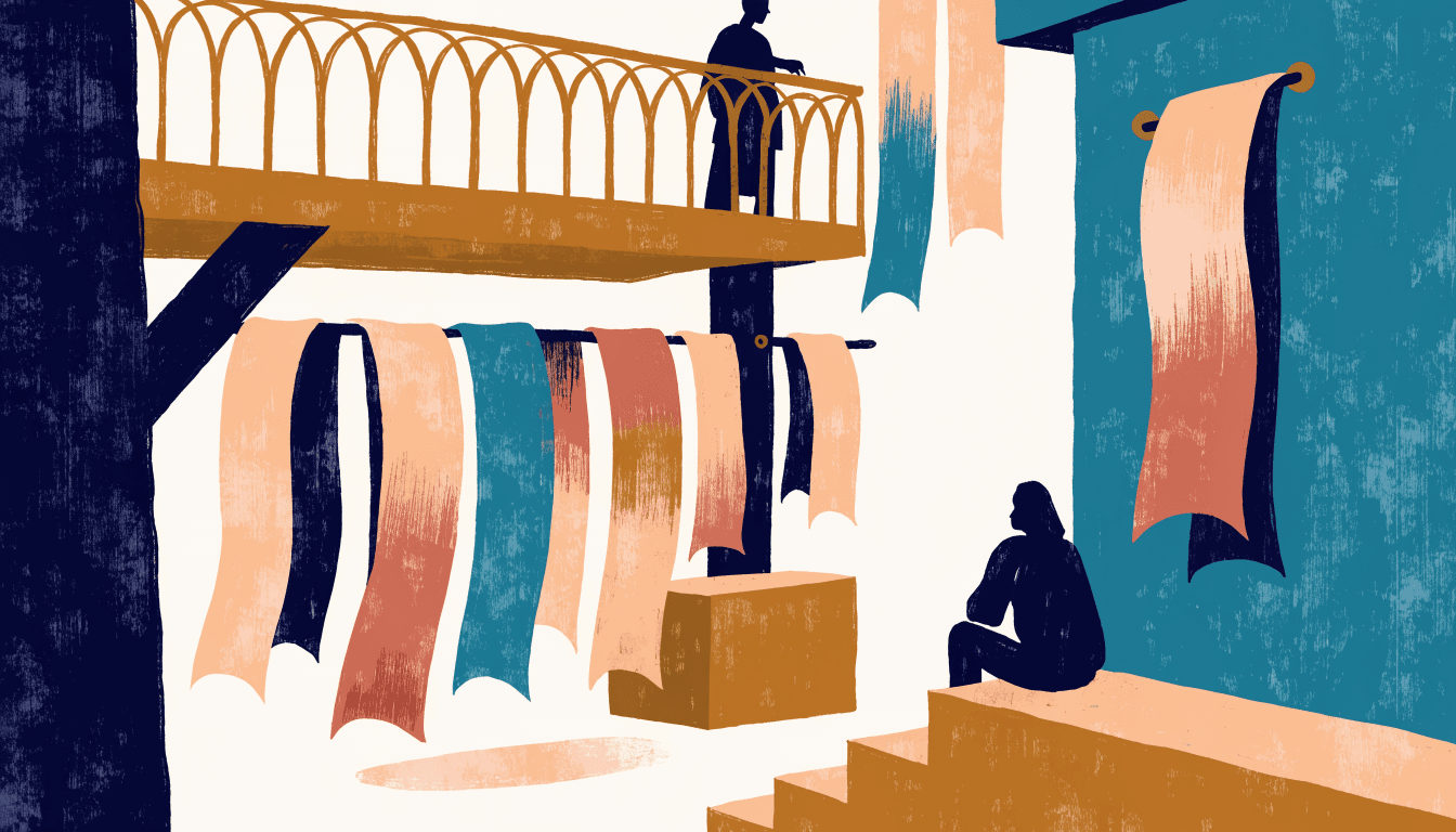 Illustration of hand-dyed fabric banners hanging to dry, brushed with pigment, in a quiet workshop