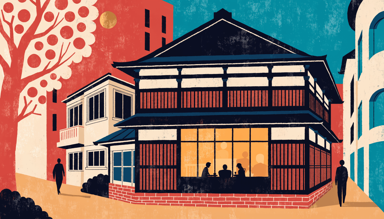 Illustration of a small ticketed dinner set inside a heritage Kyoto townhouse with a Western-style annex