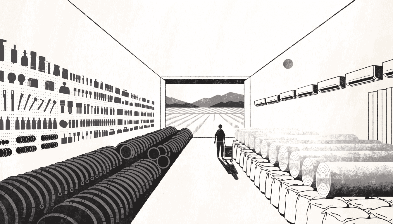 Illustration of a long home-centre aisle lined with tool pegboards, coils of piping, rolls of farm film and sacks of soil, air conditioners on the wall, and a silhouette shopper pushing a trolley toward open doors and rice fields