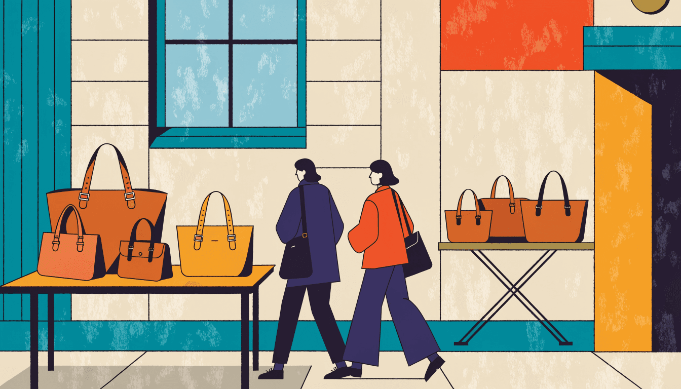 Illustration of a ground-floor department-store pop-up table laid with neatly arranged leather totes and shoulder bags in warm tan and chestnut tones, a folding display stand behind holding a few more bags, two shoppers browsing side by side seen from behind.