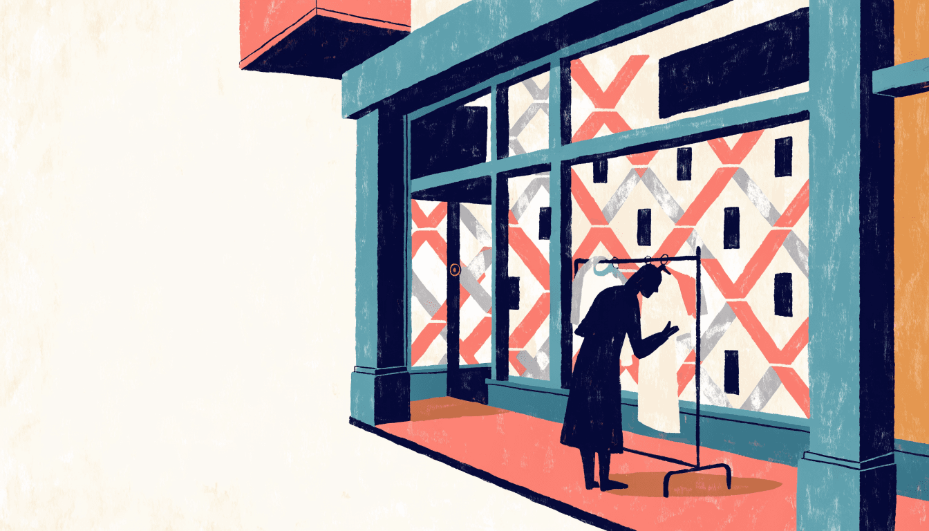 A bold flat-vector illustration of a fashion boutique storefront with a dramatic pink and silver geometric lattice screen wall, a silhouette figure examining a garment on a rack.