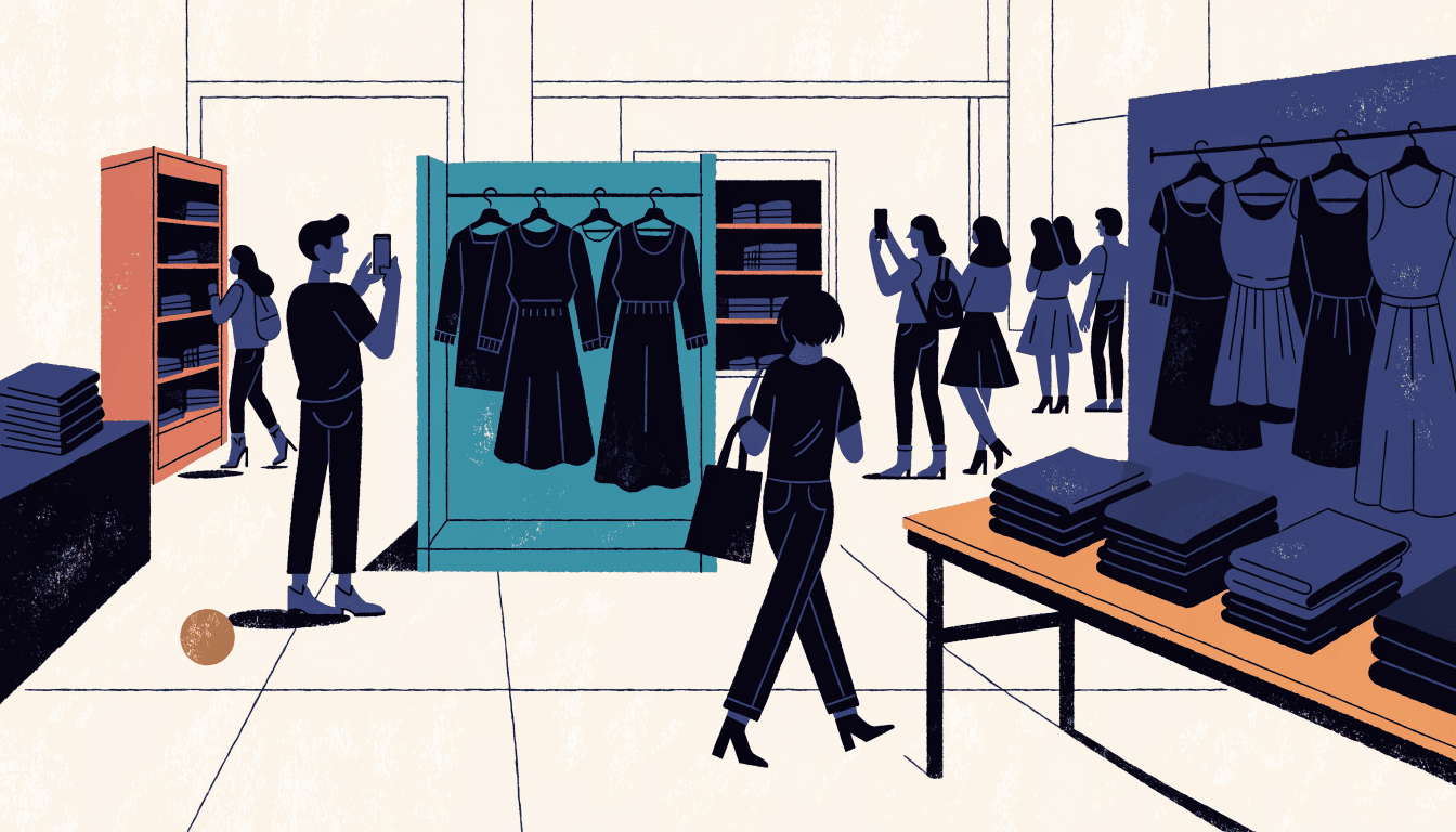 Illustration of shoppers browsing a bright short-run pop-up shop on a department-store floor