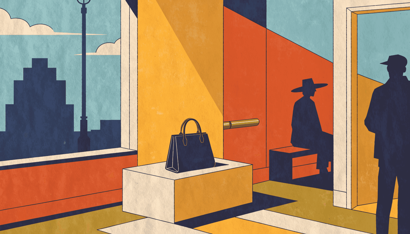 Illustration evoking a minimalist LOEWE boutique interior with a spotlighted leather Puzzle bag on a plinth.