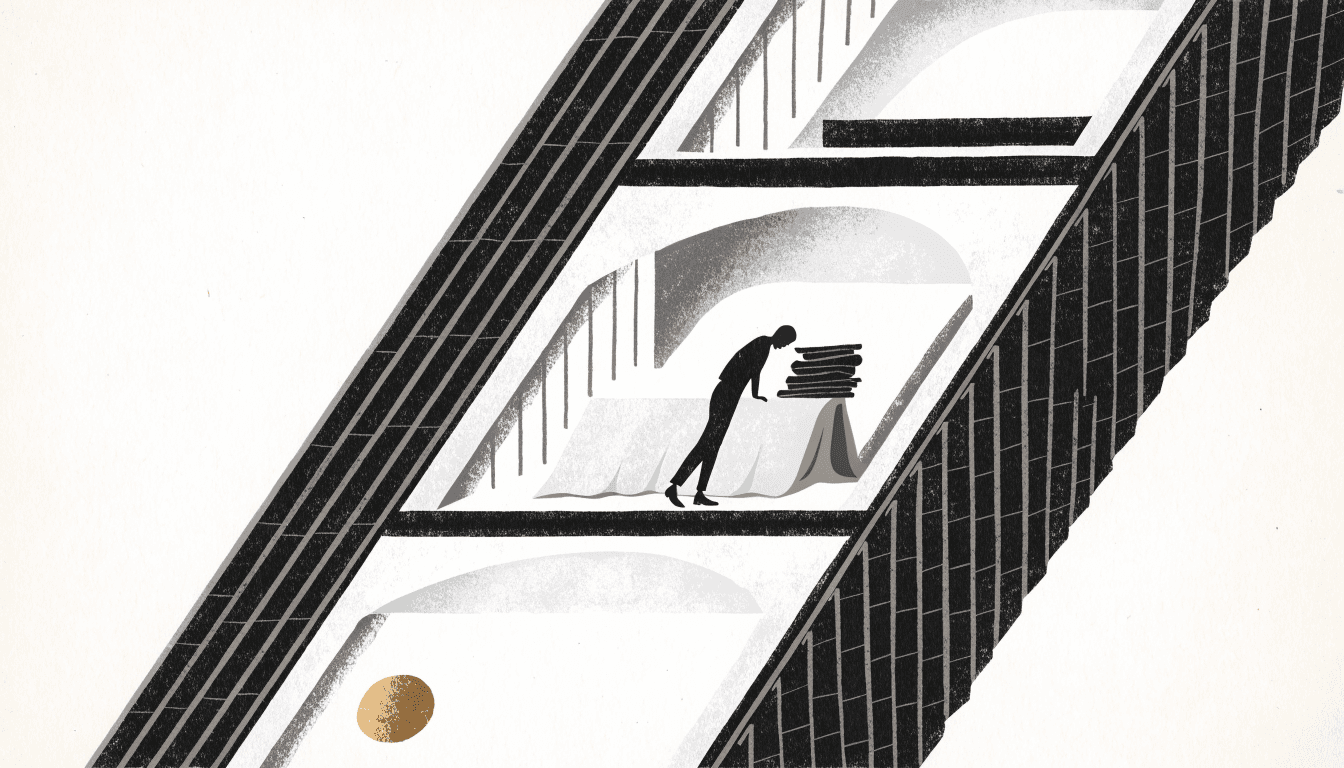Calm near-monochrome editorial illustration of a multi-floor boutique interior cross-section seen on a long diagonal, with a fabric-draped atelier table on a lower level and a silhouette figure examining folded textiles, one small brass-gold accent.