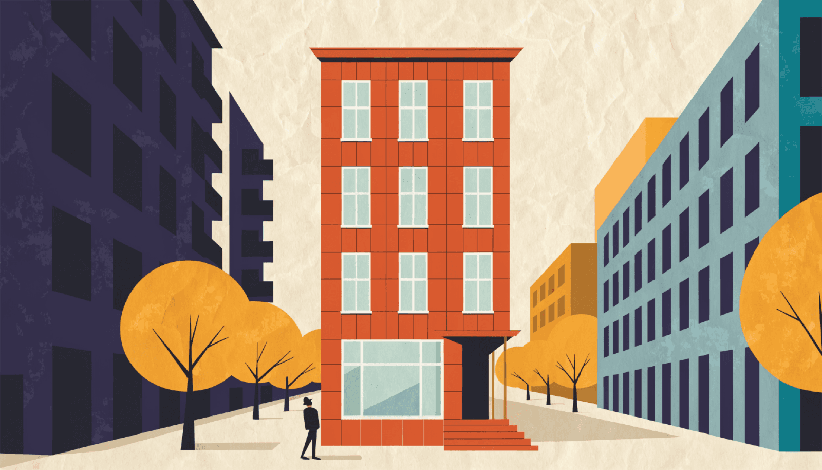 Editorial illustration of a terracotta-clad building on a tree-lined boulevard, in warm near-monochrome.