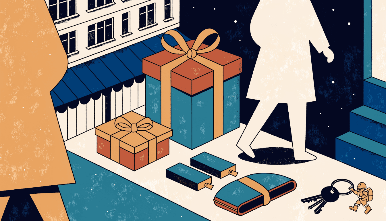 Editorial illustration of wrapped gift boxes and small leather accessories under a starry night sky, with soft gold star motifs and a tiny mascot charm hanging from a key ring.
