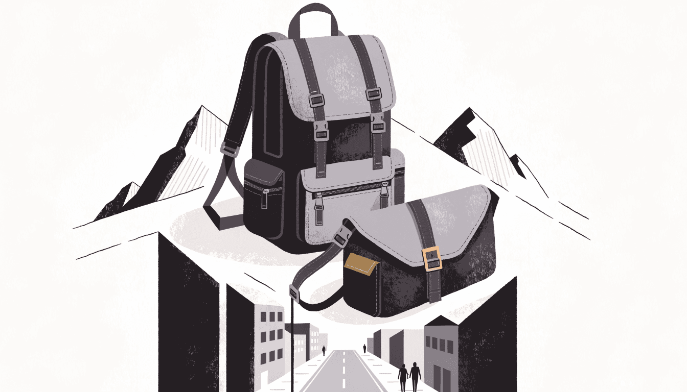 Illustration of a light-reactive textured canvas backpack and bumbag displayed against a backdrop shifting from snowy mountains to a city street