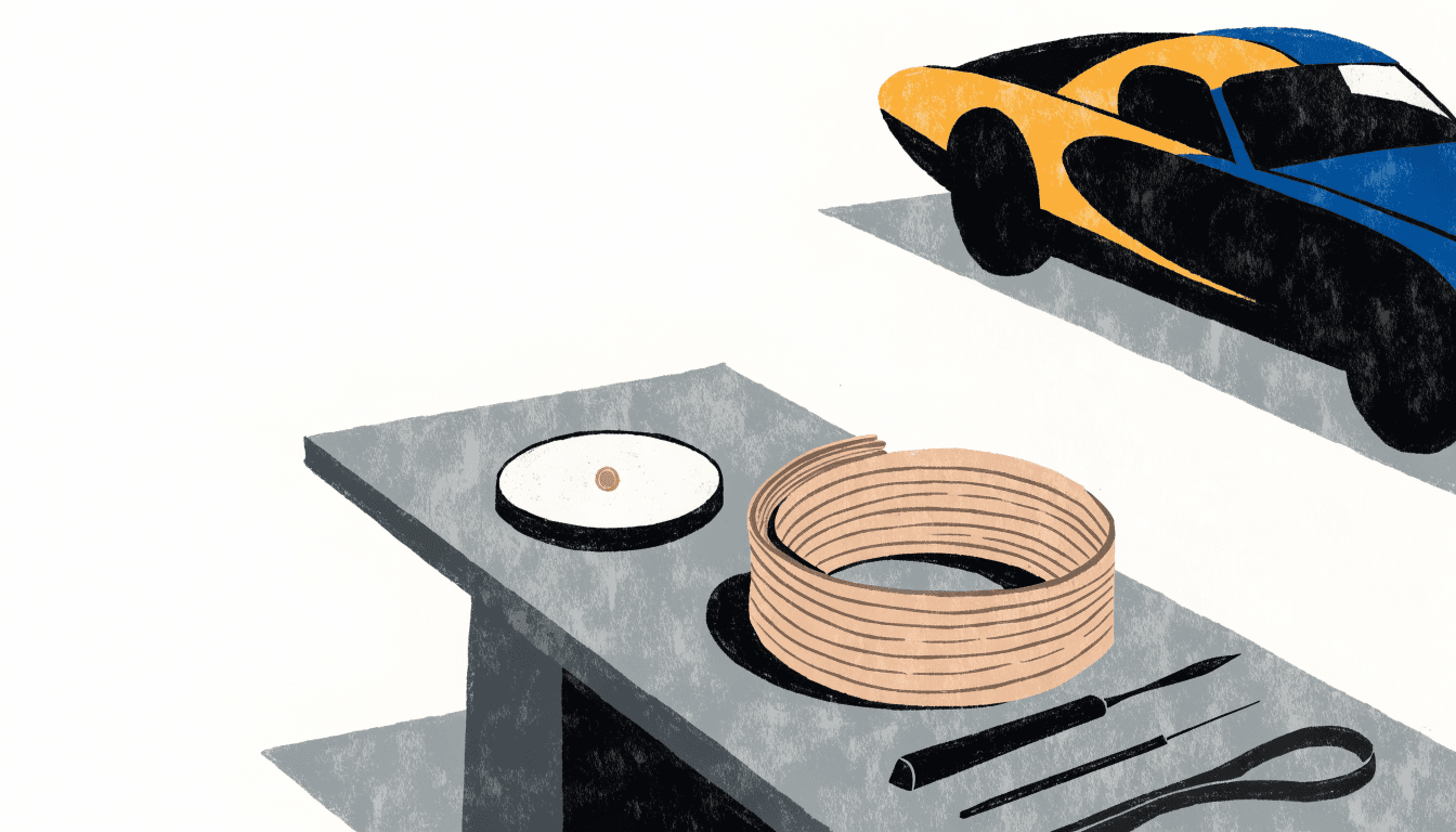 A stylised sports-car silhouette in saffron and cobalt beside a workbench with leather tools and a small round clock face, suggesting craft rather than machinery