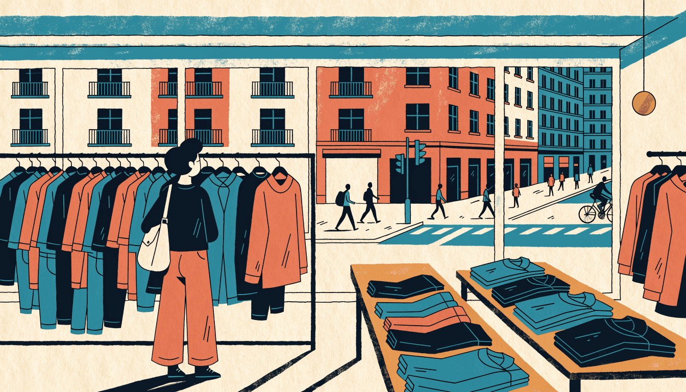 Illustration of an athletic-wear store interior with folded leggings and jackets displayed on tables, a shopper browsing from behind, city street visible through the window, warm editorial style.