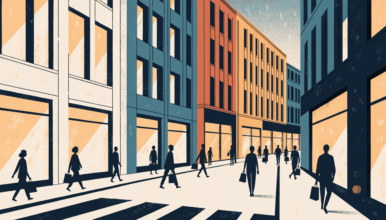 Editorial illustration: shoppers with bags along an elegant Ginza luxury boulevard at dusk