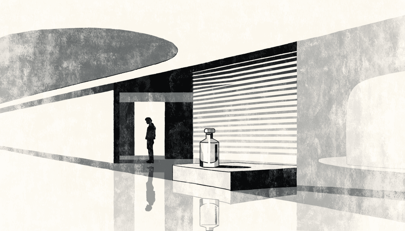 A minimalist perfume counter with a single glass fragrance bottle catching the light, one silhouette figure standing in a doorway beyond