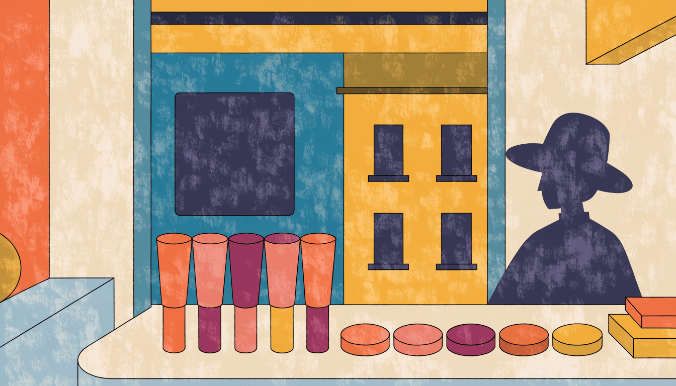 Editorial illustration of a cosmetics counter with rows of colourful K-beauty tint and lip products on display.