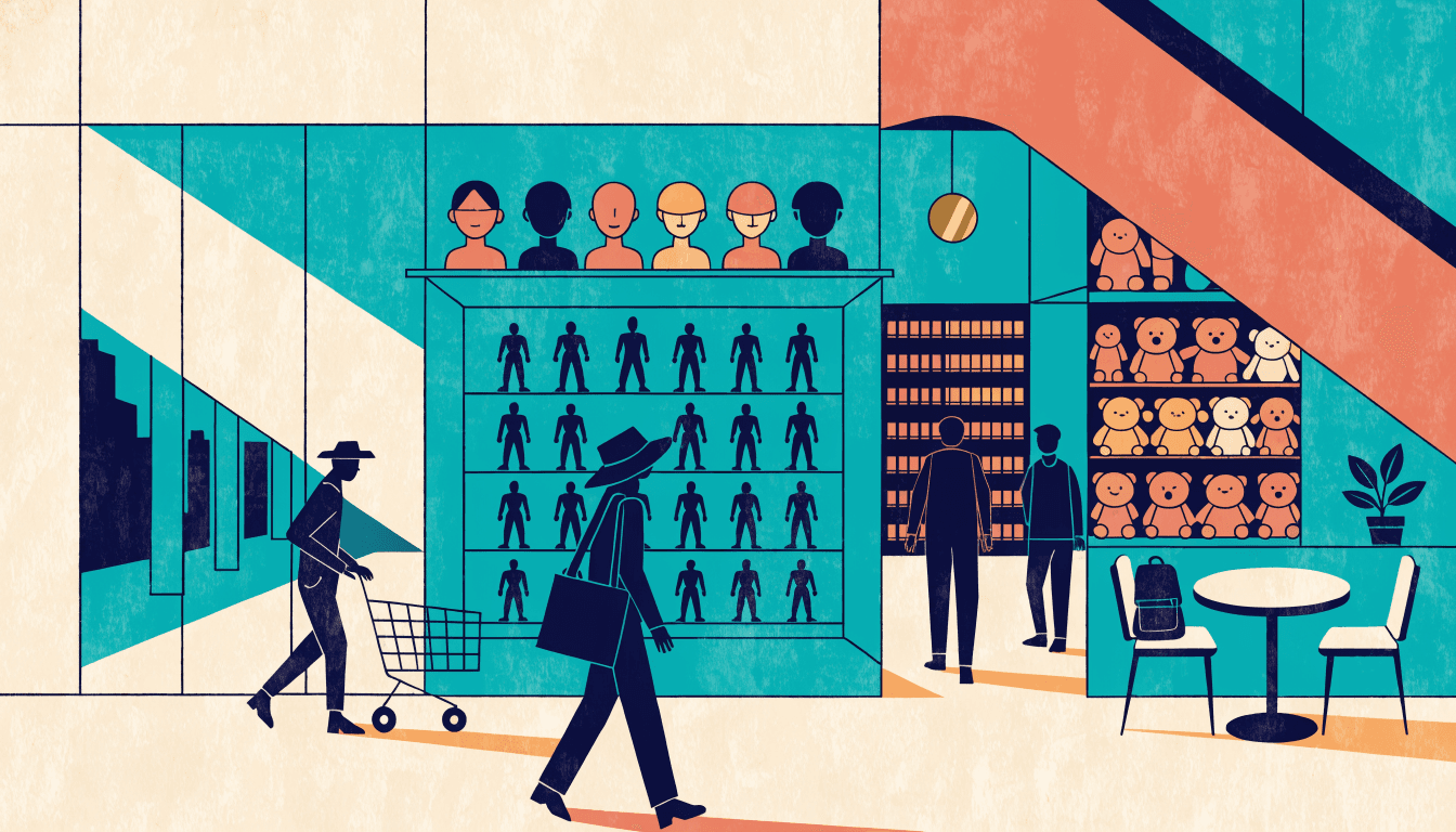 Illustration of a bright anime and hobby-goods floor inside a Tokyo shopping building, with display shelves of character figures and plush toys, a small café corner, and anonymous silhouetted shoppers browsing — no visible logos, brand names or real people.