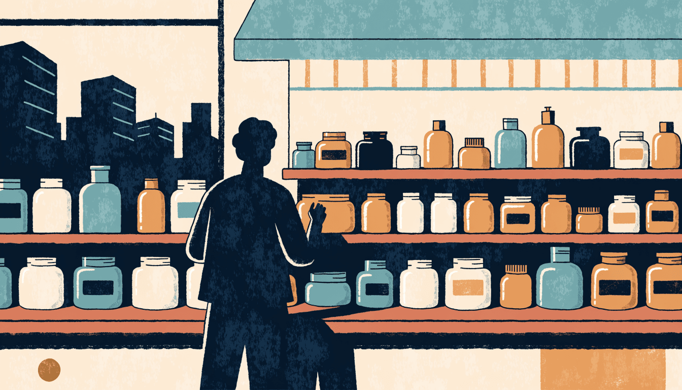 Illustration of a warm apothecary-style cosmetics counter with rows of simple glass bottles on wooden shelving and a silhouette figure browsing, bold warm editorial palette.
