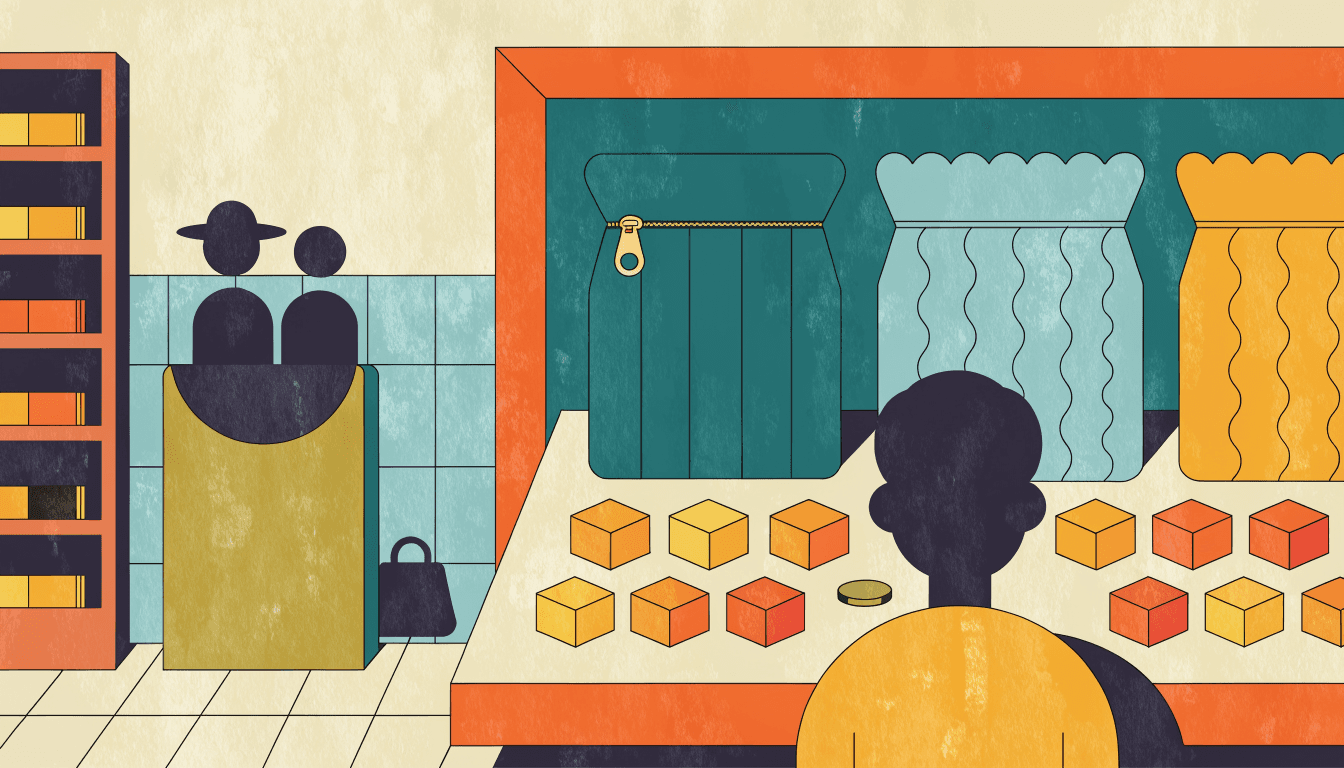 Illustration of candy pouches and loose candy cubes on a beauty-counter-style display in a drugstore