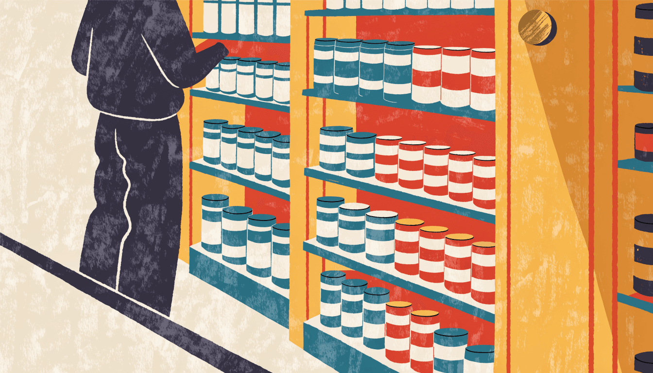 Editorial illustration of a drugstore aisle: shelves of small teal and terracotta jars and tubes, a silhouetted shopper in a dark tracksuit reaching for a product.