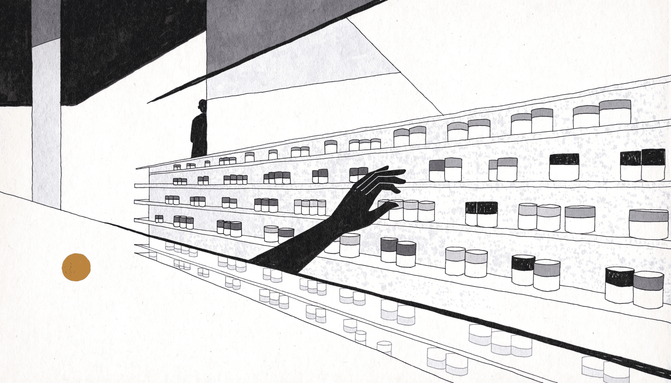 A tidy beauty-aisle shelf of small cosmetic tubes, with a silhouette hand reaching for one.