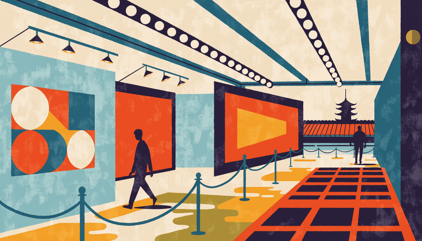 Illustration of a department-store floor turned into a gallery-style game space, with a pagoda visible through a window