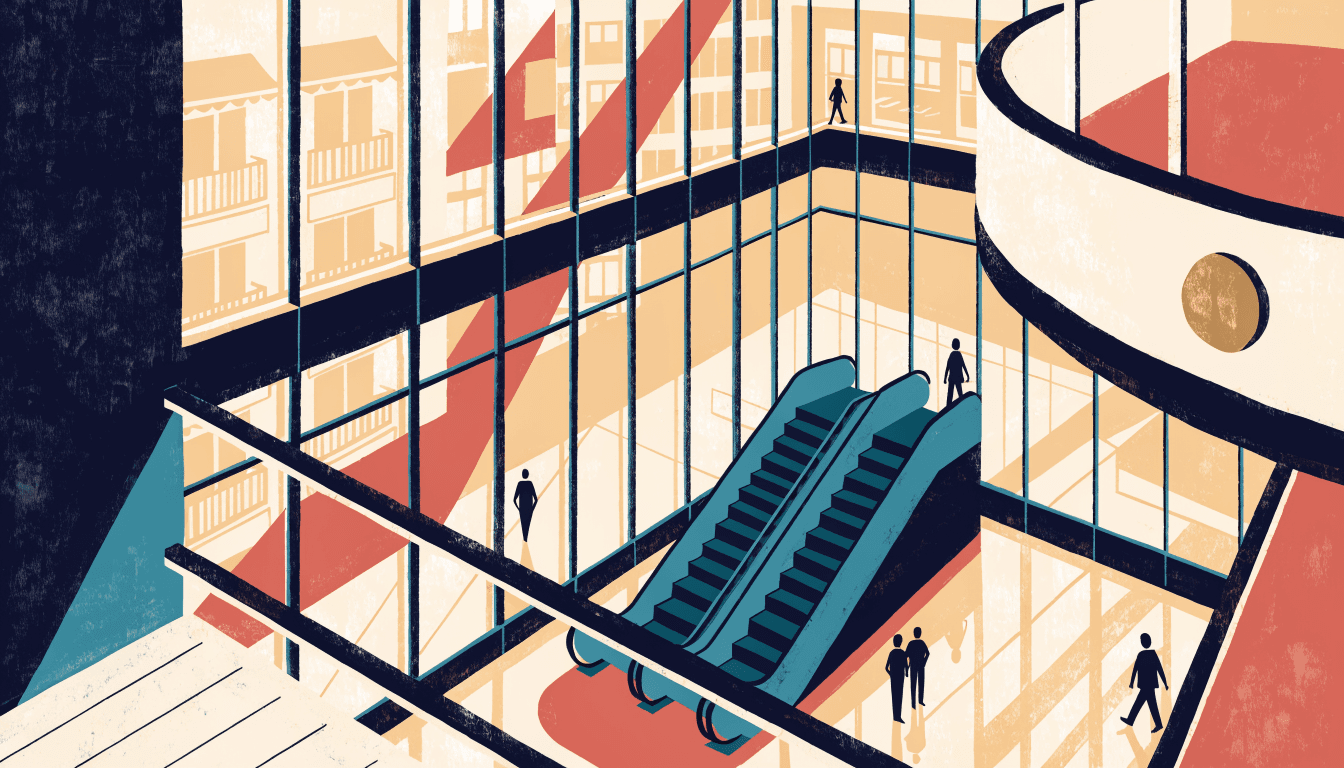A calm illustration of a Ginza department-store atrium seen from an upper balcony, with escalators and a quiet, half-empty floor below.