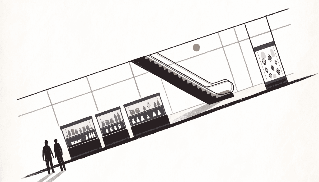 A calm, near-monochrome illustration of a department-store ground floor seen on a long diagonal: glass cosmetics counters, a watch vitrine and an escalator, with two silhouetted shoppers.