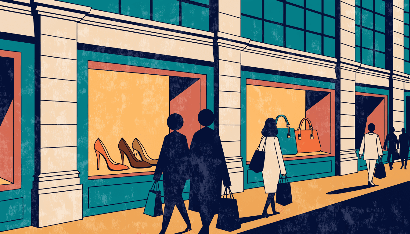 Editorial illustration of shoppers carrying bags past a Ginza department store shopfront with shoe and handbag displays, all figures seen from behind.
