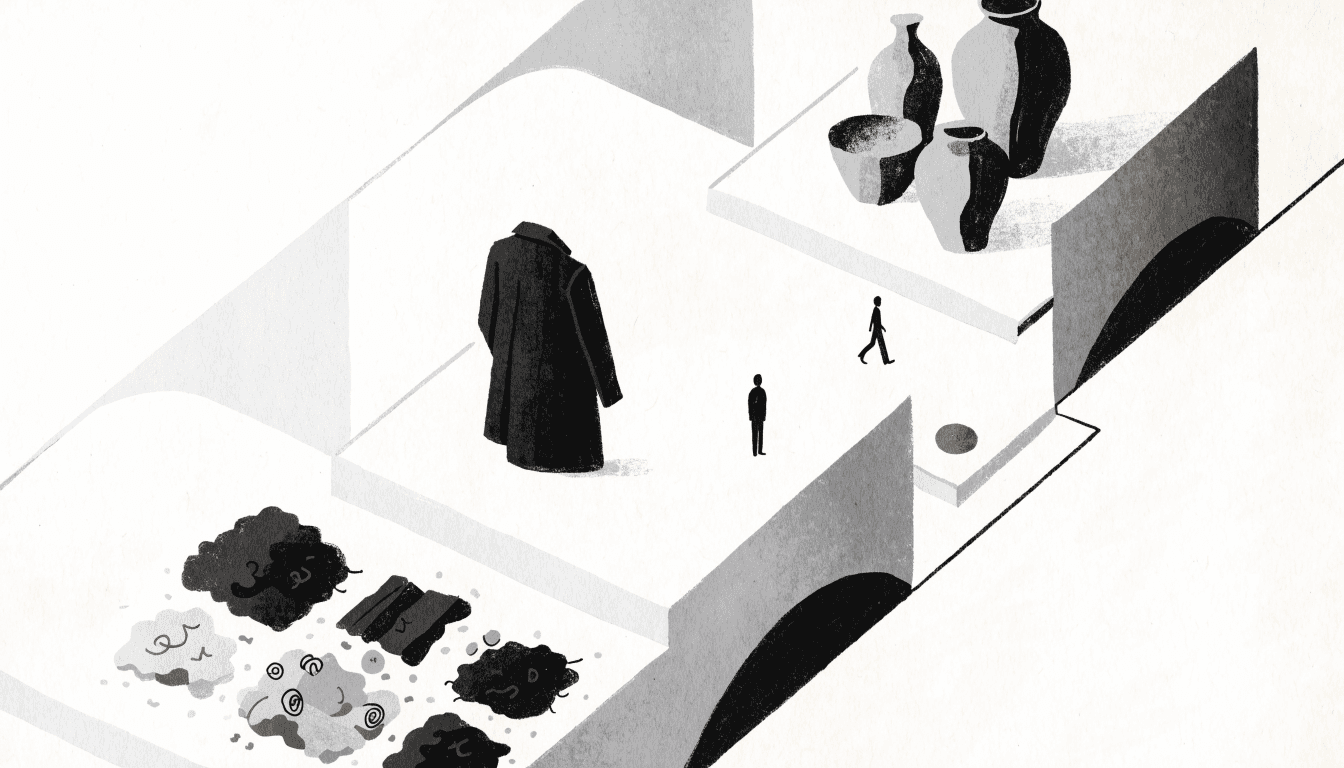 Illustration of a department-store event floor with a tailored coat on a form, ceramic vessels and raw textile offcuts on stepped plinths, and two small silhouette figures.