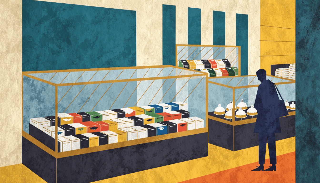 Flat editorial illustration of a department-store basement food hall with glass cases of boxed confections and a shopper browsing.