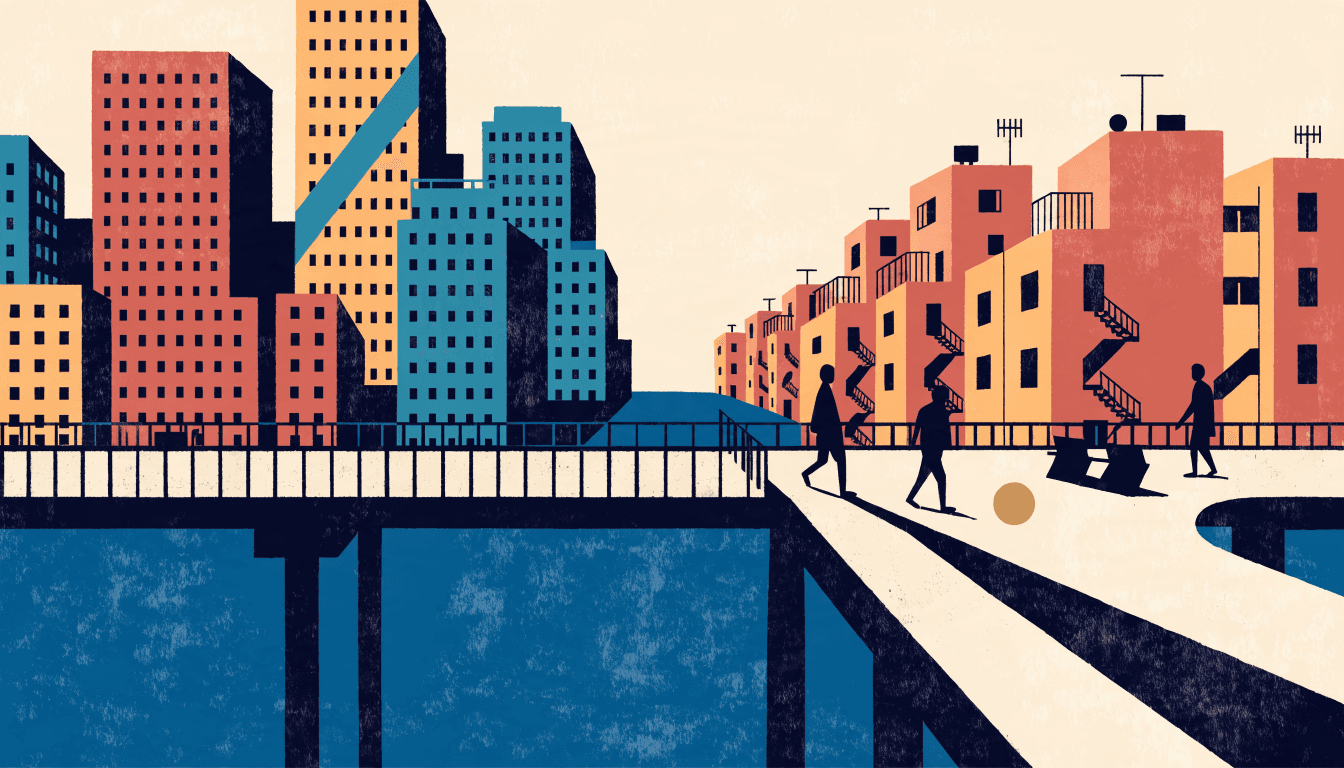 Editorial illustration of a pedestrian bridge over a river connecting a new office tower district to an older, low-rise city neighbourhood, silhouette figures crossing at dusk.