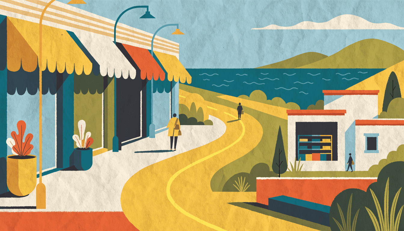 Flat editorial illustration of an outlet-mall walkway joined by a winding road to a seaside roadside rest stop beneath green hills.