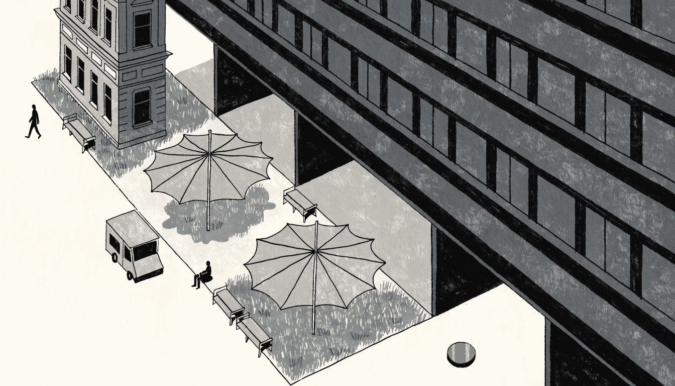 Editorial illustration of a station-front interim plaza with tent structures, artificial grass, benches and a food truck, with a preserved fragment of an old building facade at one edge.