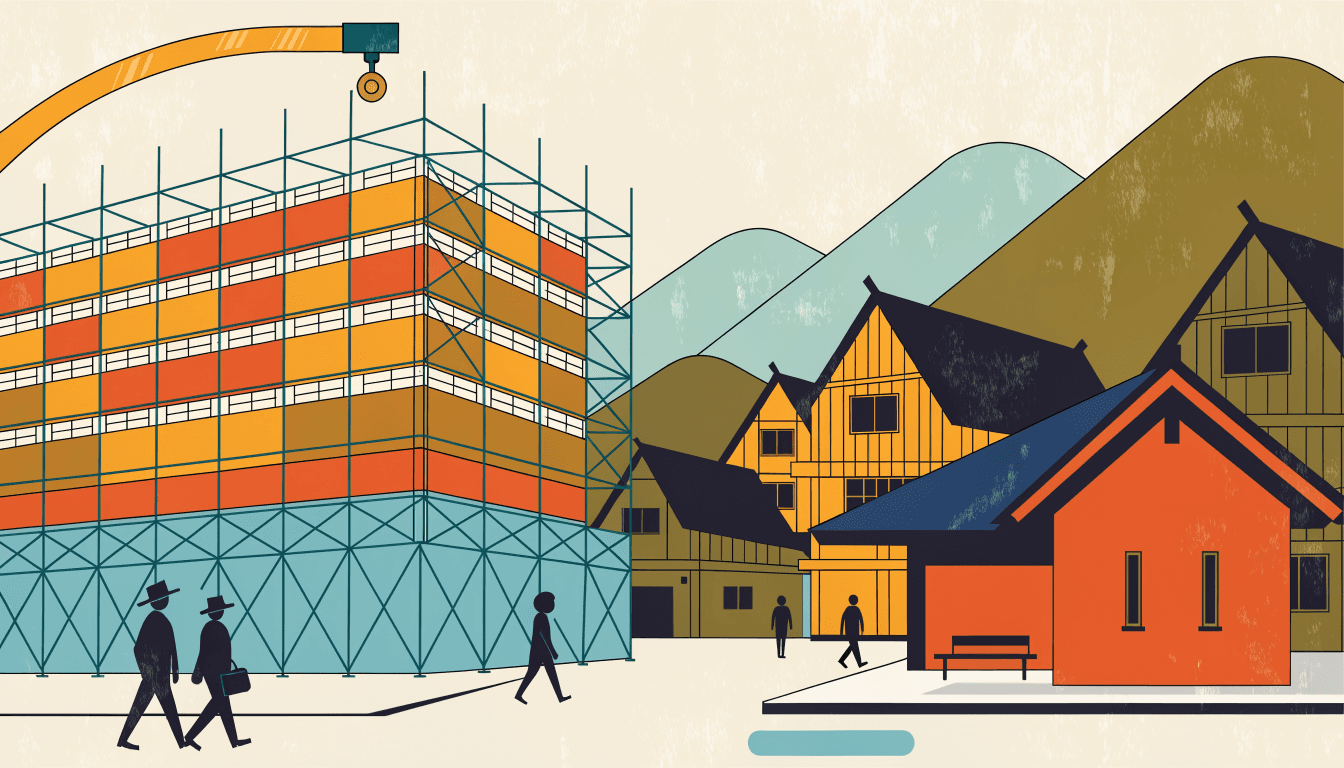 Illustration of a hotel under construction near a train station in a mountain town