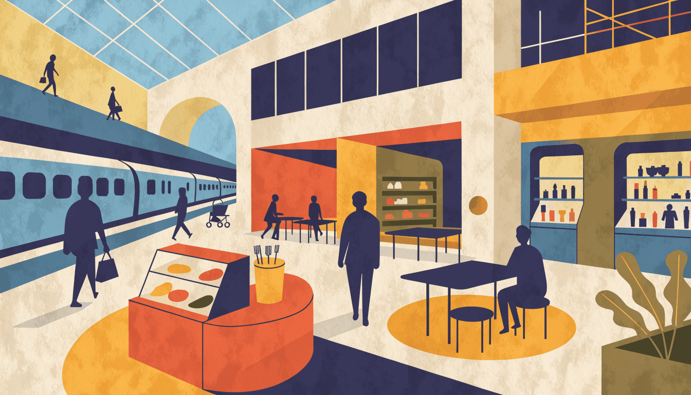 Editorial illustration of a busy suburban Japanese shopping-mall food court and glass atrium under renovation scaffolding, silhouette figures, warm Monocle city-guide palette.