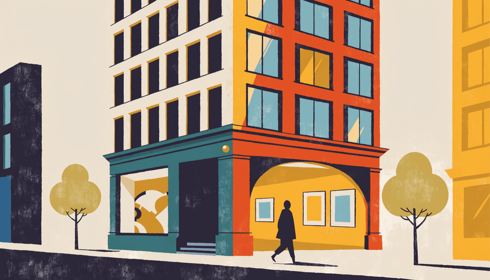 静かな通りの角に建つ小さなビルのイラスト。上層に画廊の窓、地上階にブティックのショーウインドー、歩道に柳の木