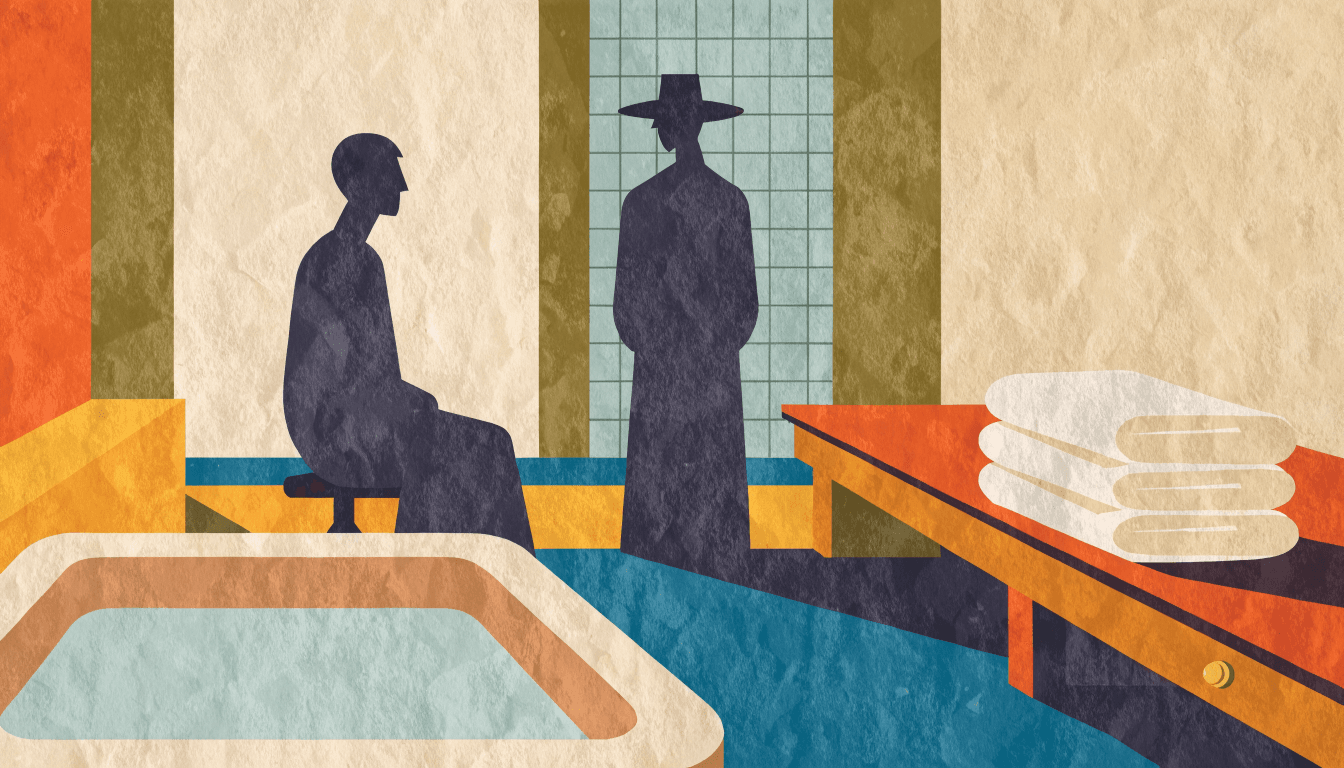 Illustration of a serene hotel spa treatment room with a stone basin and soft natural light, a single pearl motif on a nearby tray.