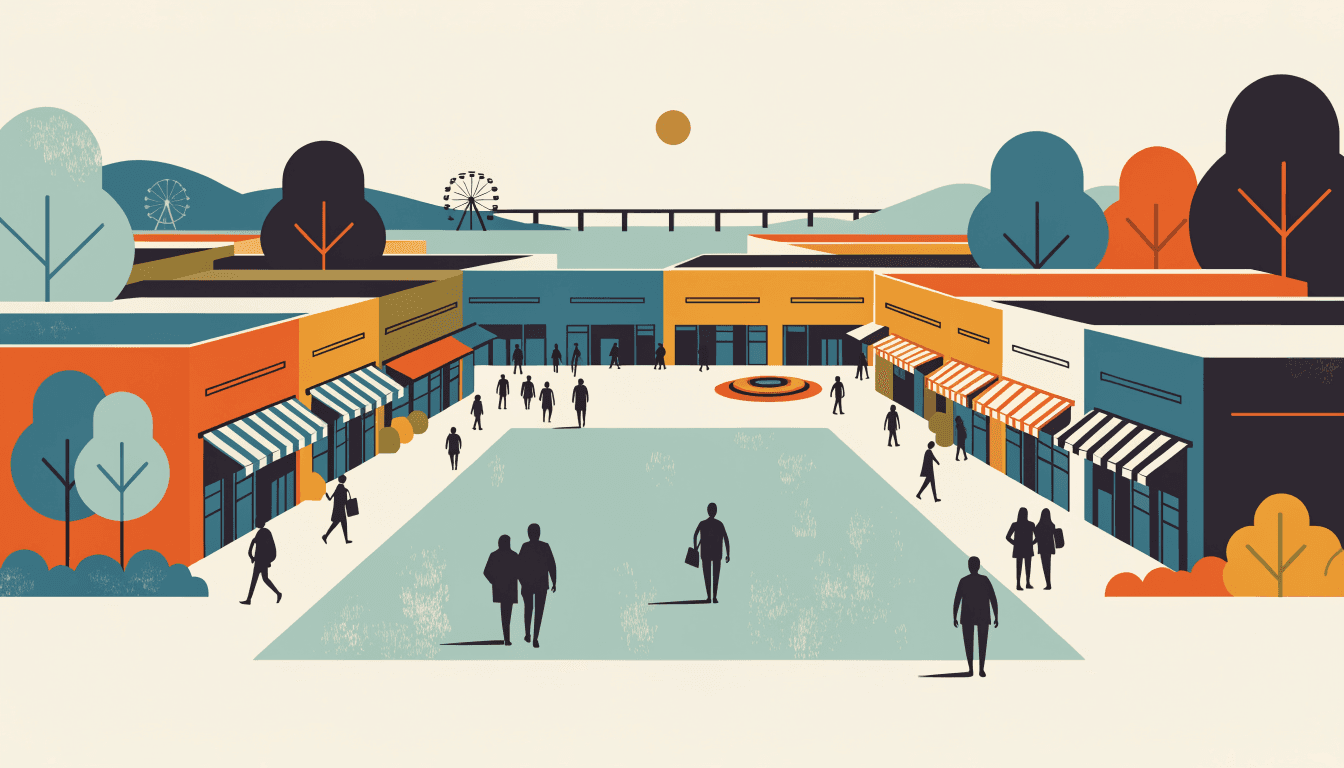 Editorial illustration of an open-air outlet mall plaza with colourful striped-awning storefronts, a ferris wheel and bridge on the horizon, and silhouetted shoppers crossing the central square.