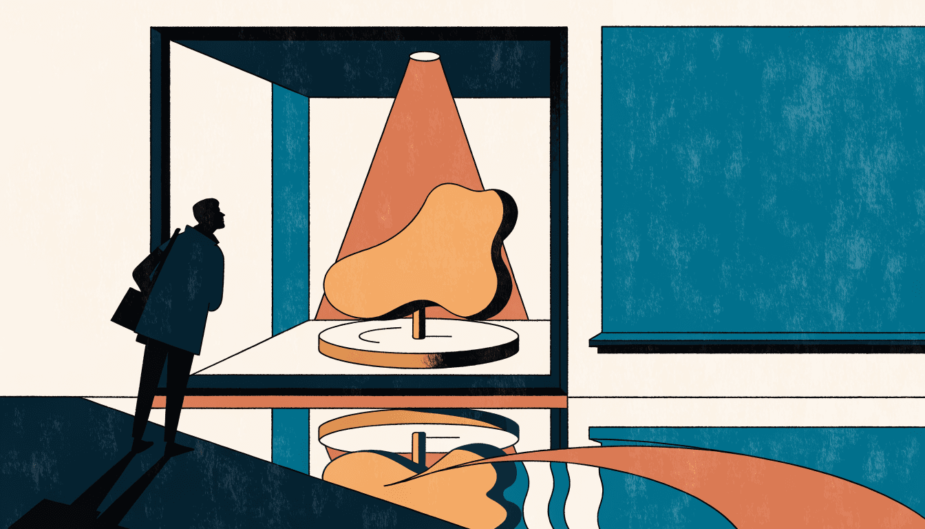 An editorial illustration of a sculptural bubble-shaped shoe silhouette displayed on a spotlit pedestal in a boutique window, a silhouette figure glancing in from outside, warm teal and ochre tones, no text or logos.