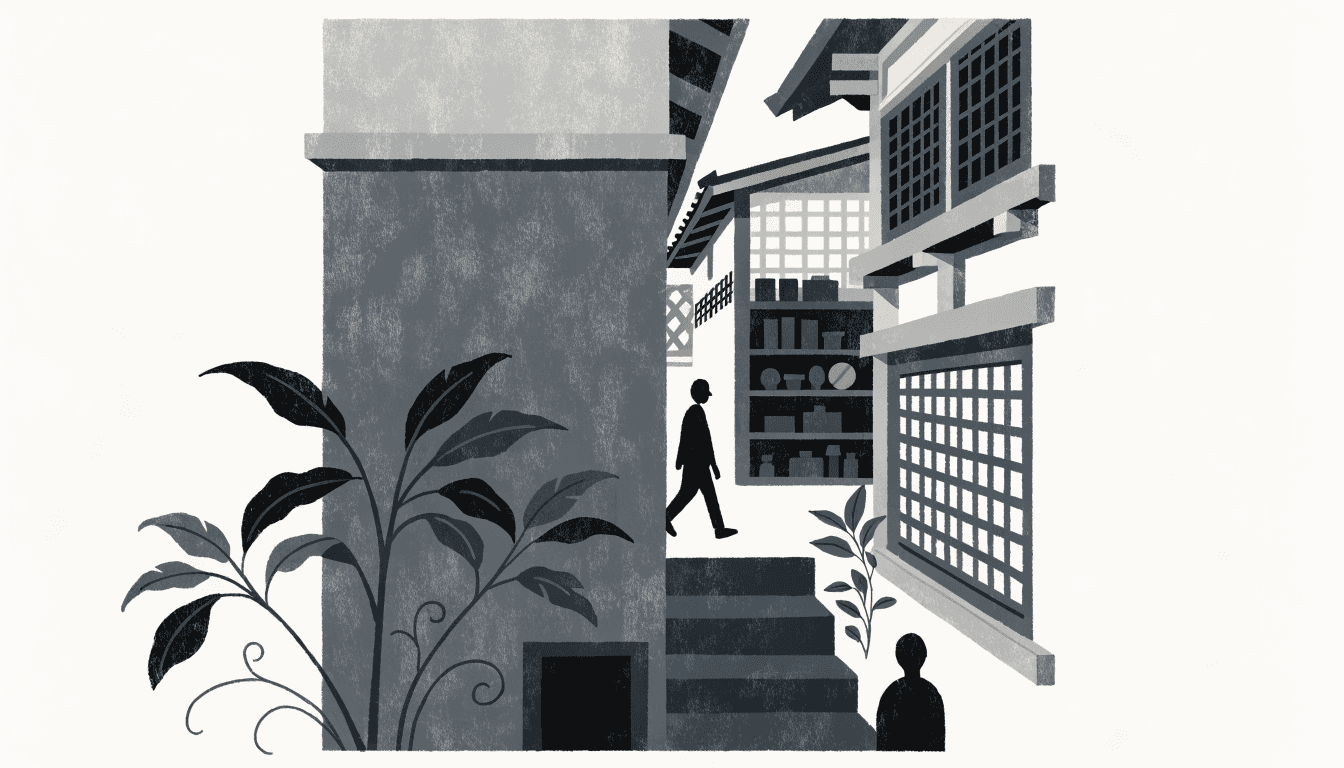 Editorial illustration of a design-store interior styled like a Kyoto backstreet, wood lattice and greenery in a warm, restrained palette.