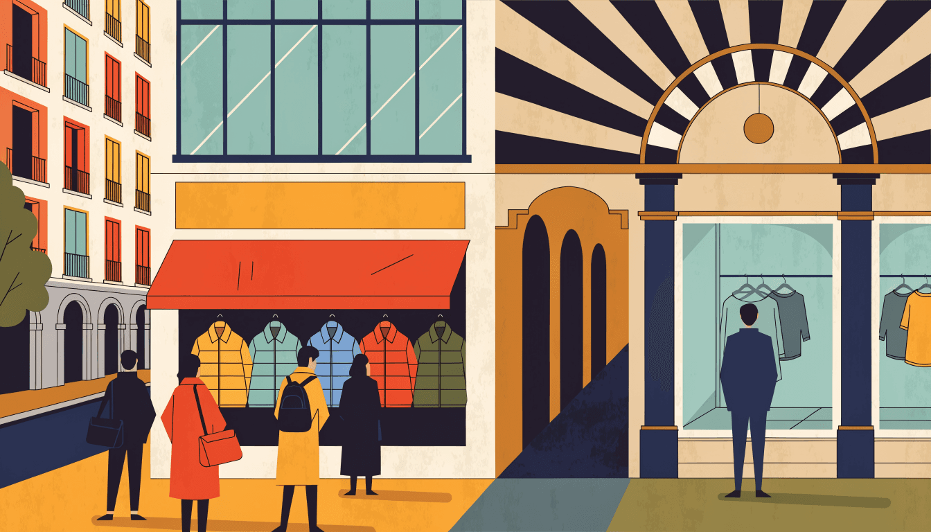 Illustration of a bright outerwear boutique display in an Asian shopping street, contrasted with a quieter European storefront