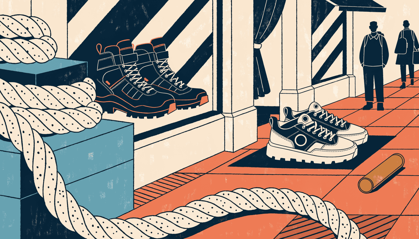 Editorial illustration of technical trail boots and sneakers displayed at a city boutique entrance, blending alpine and urban motifs, no text or logos.