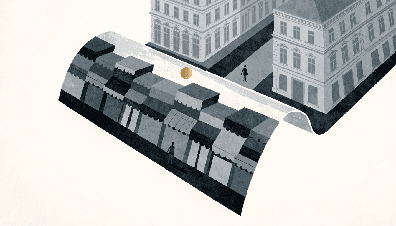 Editorial illustration — a European storefront and an Asian shopping street, seen in reflection.