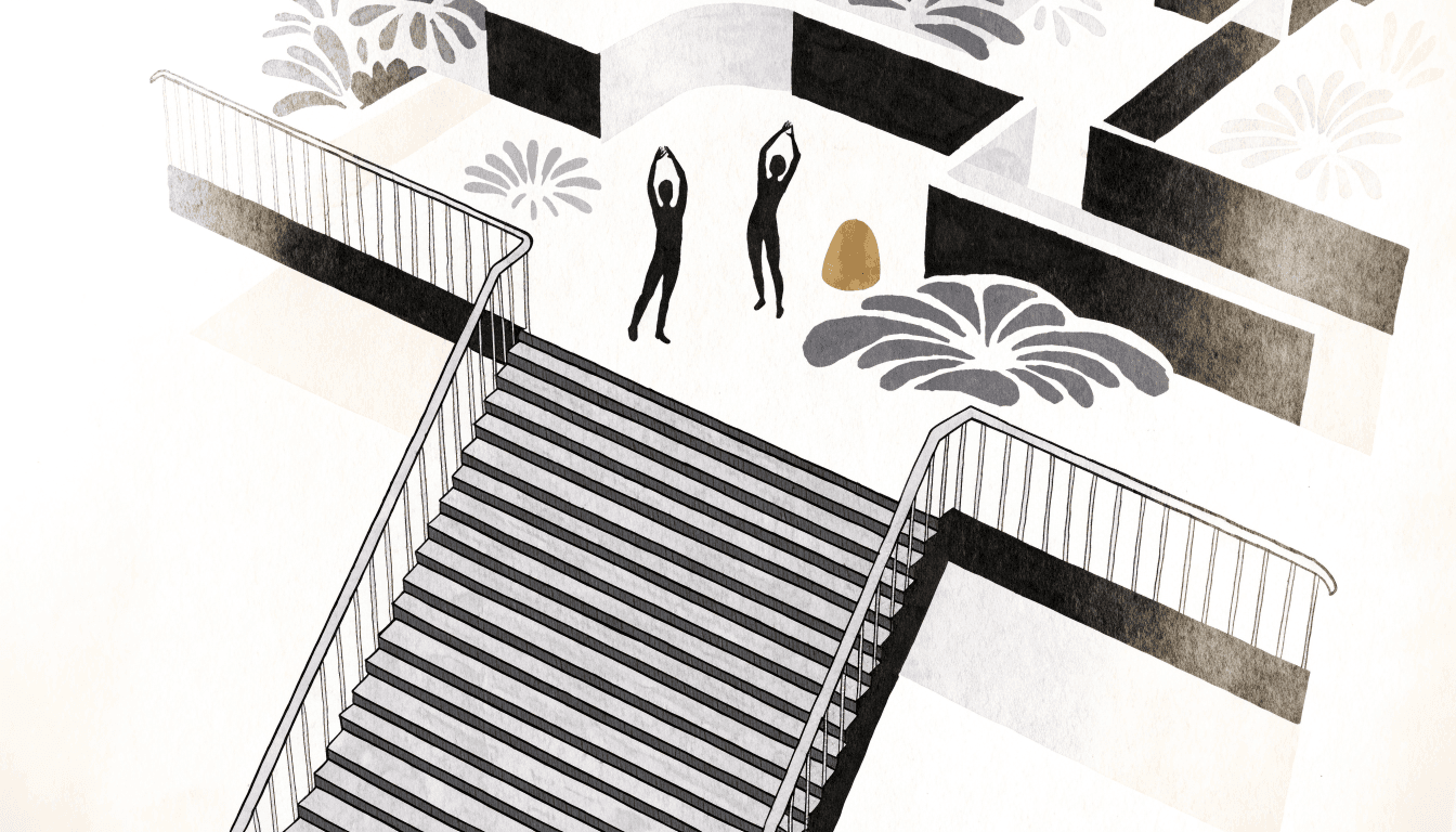 Calm editorial illustration of a mixed-use tower's wellness terrace, with abstract planting, a long diagonal stairway and one or two silhouette figures stretching, evoking a Tokyo office-wellness space.