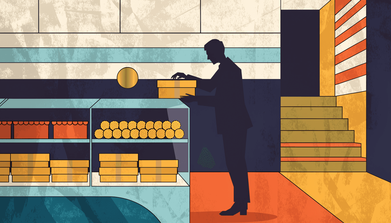 Illustration of a department-store basement confectionery counter with boxed caramel sweets in a glass case and a silhouette shopper selecting a gift box.